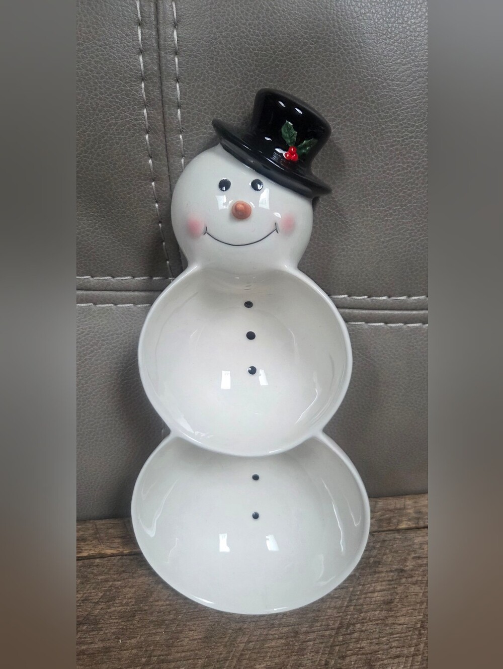 Vintage Hallmark Ceramic Snowman Divided Serving Dish, 90s Christmas Holiday B1P
